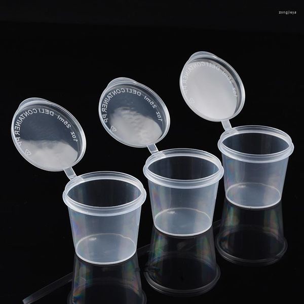 Bouteilles de stockage 50pcs / pack Boîtes de tasses à sauce transparentes Récipients en plastique de soja au vinaigre avec couvercles d'étanchéité jetables pour la cuisine à emporter