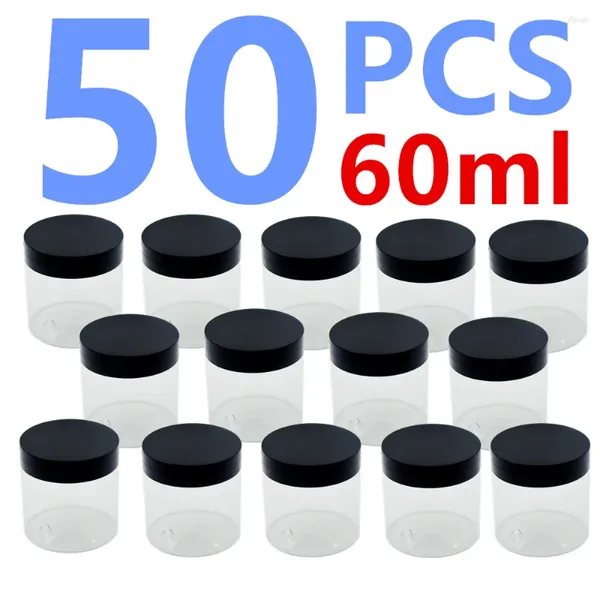 Bouteilles de rangement 50pcs en gros 100/60 ml de crème cosmétique en plastique transparent avec bouteille de remplissage de couvercle noir vide petite capacité