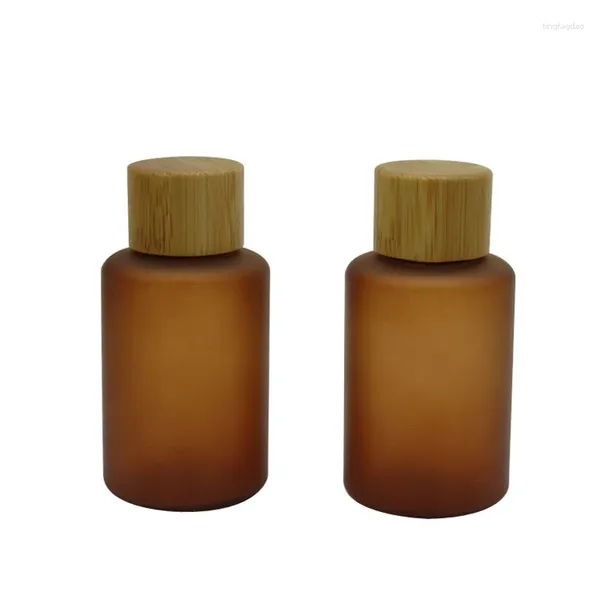 Bouteilles de stockage 540 pièces 60ml bouteille d'émulsion en PET givré ambre avec capuchon en bambou (couvercle à vis/buse de pompe/atomiseur de pulvérisation/couvercle Chiaki)