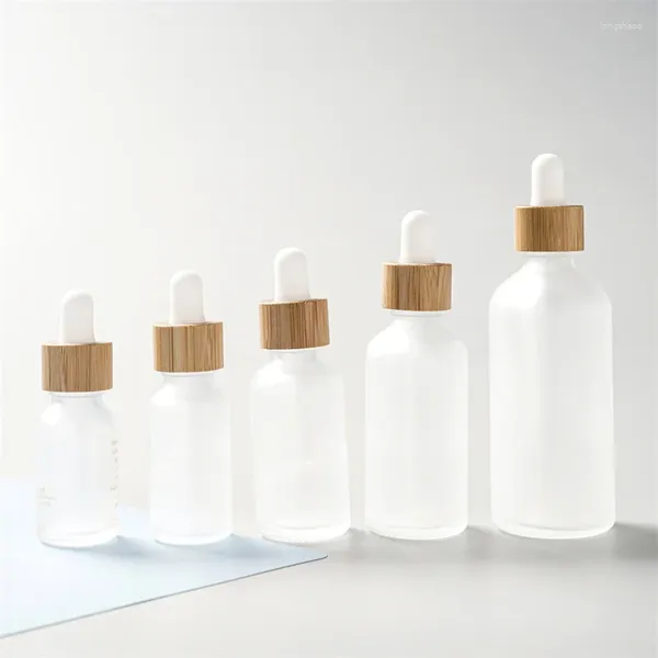 Bouteilles de stockage 5ml-100ml Flacon compte-gouttes en verre givré Cosmétique Soins de la peau Conteneur liquide Pipette d'huile essentielle avec couvercle en bambou