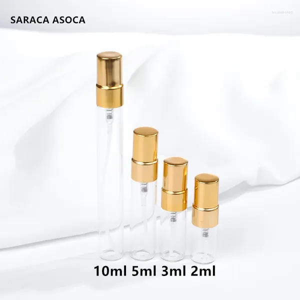 Botellas de almacenamiento 5 ml 100 piezas/lote Mini Glass Perfume con spray de metal Case de parfum vacío Muestra de botella recargable de oro plateado