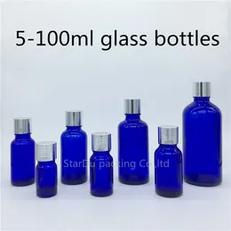 Bouteilles de rangement 5 ml 10 ml 15 ml 20ml 30 ml 50 ml Flacons de bouteille en verre bleu 100 ml Huiles essentielles avec du bouchon de vis argenté