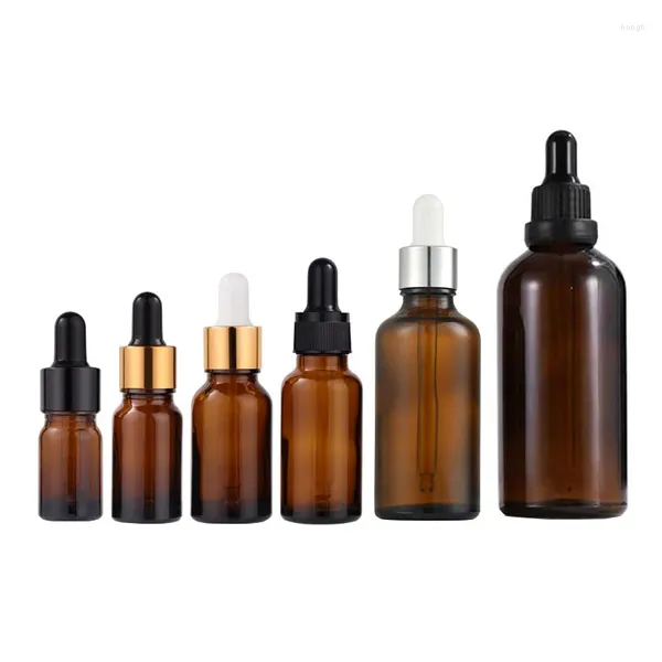 Botellas de almacenamiento de 5ml, 10ml, 15ml, 20ml, 30ml, 50ml, 100ml, cuentagotas de vidrio, botella con pipeta de aceite esencial marrón ámbar, tapa negra dorada vacía