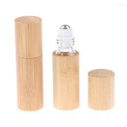 Bouteilles de rangement 5 ml de bambou naturel rechargeable à huile essentielle vide parfum parfum parfum Bouteille à billes à rouleau en acier pour salon de voyage à domicile