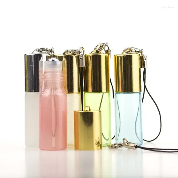 Bouteilles de rangement 5 ml Pendant Pearl Luster Rouleau sur la bouteille Huile essentielle Vide Perfume Vials Keychain avec rouleau en métal LX2963