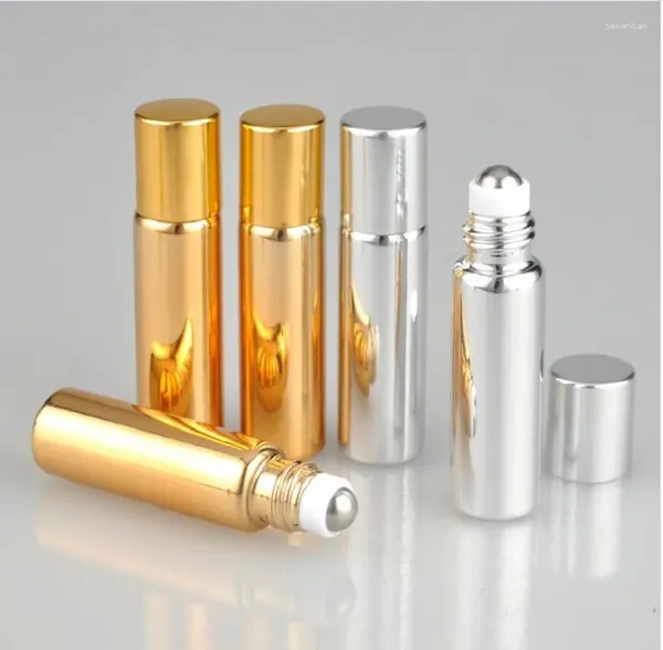 Botellas de almacenamiento 5 ml de oro UV/plata/botella de vidrio trasero Bola de acero Rollada para el perfume de crema para los ojos Aceite esencial/brillo de labios/miel Cuidado de la piel