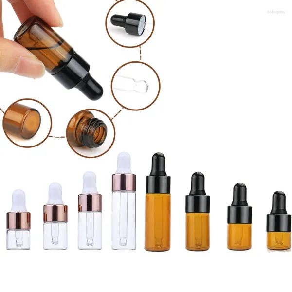 Botellas de almacenamiento 5pcs 1/2/3/5 ml Amber/Clear Glass Golper Mini Aceites esenciales Botella para muestra de perfume cosmético de muestra