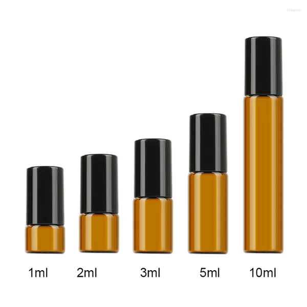 Bouteilles de rangement 5pcs 1 ml 2 ml 3 ml 5 ml 10 ml Rouleau en verre mince ambre sur échantillon de bouteille Test de parfum d'huile essentielle avec balle en métal à rouleau