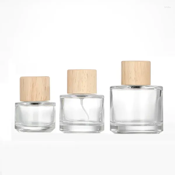 Botellas de almacenamiento 5 uds 30ml 50ml 100ml Perfume transparente tapa de madera bomba de engarce dispensador atomizador vacío botella de spray de vidrio recargable