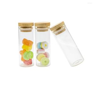 Bouteilles De Stockage 5Pcs 40ml Flacons En Verre Hyalin Avec Bouchon En Caoutchouc De Bois De Bambou Délicat Pratique Artisanat Voyage Sous Embouteillage Délicieusement Fabriqué