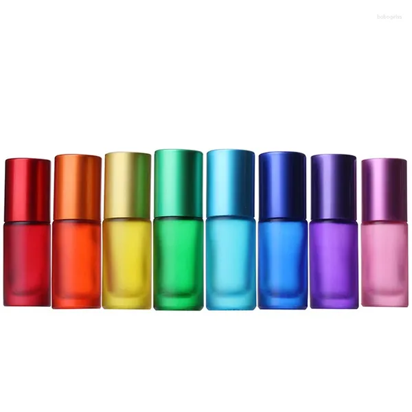 Bouteilles de rangement 5pcs 5 ml Bouteille de parfum Porable Rouleau coloré givré sur un pot de verre à huile essentielle Travel de flacon de boule à rouleau déodorant