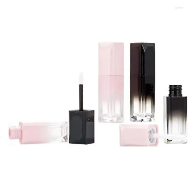 Botellas de almacenamiento 5 unids 5 ml gradiente cuadrado negro / rosa brillo de labios tubo vacío lindo recipiente de esmalte translúcido con varita herramientas de maquillaje de goma