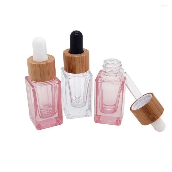 Botellas de almacenamiento 5pcs / lot 10ml Frasco cuentagotas de vidrio grueso con tapa de bambú Aceite esencial cuadrado transparente de color oro rosa