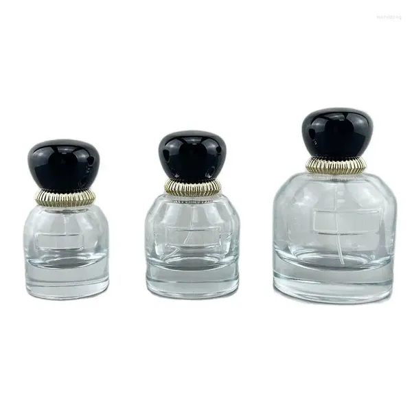 Bouteilles de rangement 5pcs Perfume bouteille transparente en verre transparent Pompe à sertissage Couvercle noir 30 ml 50 ml 100 ml Luxury Round Bottom Spray vide
