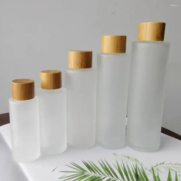 Botellas de almacenamiento 5 unids muestras de vidrio esmerilado tóner de maquillaje con tapa de bambú ecológica para loción perfume embalaje cosmético
