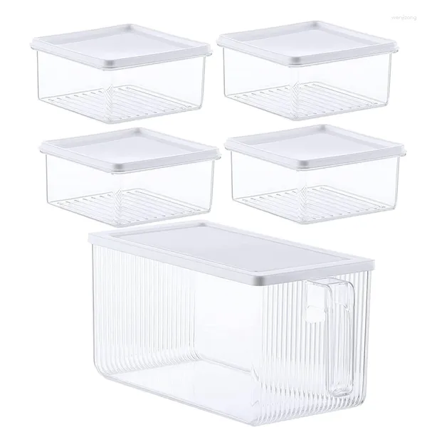 Bouteilles de rangement 5 pièces Organisateur de réfrigérateur blanc transparent avec couvercle et poignée pour lave-vaisselle à micro-ondes de cuisine