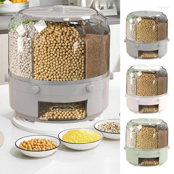 Botellas de almacenamiento Dispensador de cereales giratorio de 6 rejillas Barriles de arroz Cubo separado Contenedor de alimentos secos Caja redonda Cocina