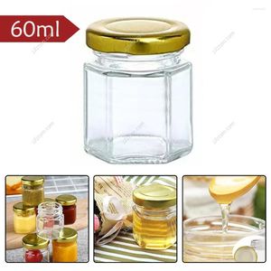 Bouteilles de stockage 6 paquets de mini pots de miel en verre hexagonaux de 2 oz avec couvercles Gloden pour bonbons à la confiture faveurs de fête de mariage