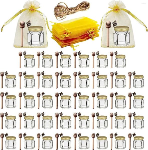 Botellas de almacenamiento 60 piezas 1.5 oz Mini tarros de miel Favores de fiesta a granel con tapas doradas Dipper Cute Bee Colgantes Bolsas de regalo y yute para Baby Shower