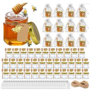 Bouteilles de stockage 60 pièces Mini pots de miel en verre hexagonaux petits avec couvercles dorés pour fête prénatale mariage et cadeaux d'invités