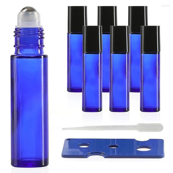 Bouteilles de rangement 6 pack 10 ml en verre en verre bleu cobalt avec balles à rouleaux en acier inoxydable pour huiles essentielles