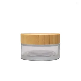 Botellas de almacenamiento 6 unids 100 g Crema de vidrio transparente Cosméticos Tapa de madera de bambú recargable Frascos de cuidado de la piel vacíos Macetas cosméticas 3 oz