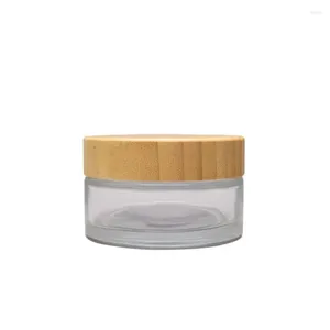 Bouteilles de stockage 6 pièces 100g verre clair crème cosmétiques rechargeables couvercle en bois de bambou vides Pots de soins de la peau Pots cosmétiques 3oz