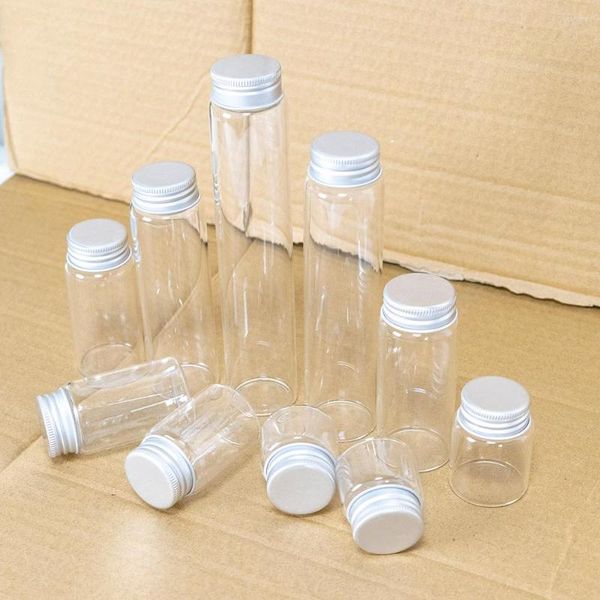 Bouteilles de stockage 6 pièces 25 ml 30 ml 40 ml 50 ml 60 ml 70 ml 80 ml 150 ml 180 ml Mini verre transparent avec bouchon en aluminium à vis argenté flacons mignons