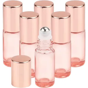 Opslagflessen 6 stks 5 ml 0,17 oz roze glazen rol voor etherische oliën Parfum Cosmetische vloeistofrol aan met roségouden deksels reizen