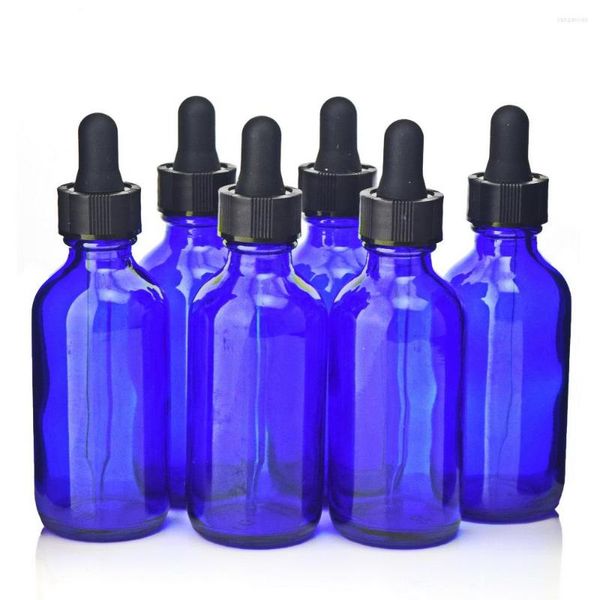 Bouteilles de stockage 6 pièces 60 ml 2 oz vide bouteille de pipette de réactif liquide en verre bleu cobalt avec compte-gouttes pour laboratoire d'huile essentielle