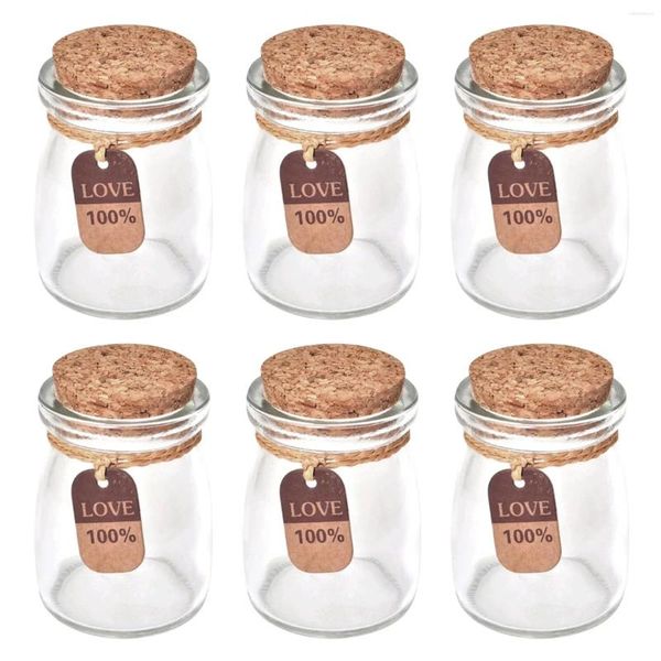 Bouteilles de stockage 6pcs mini verre yaourt pudding pots conteneurs avec couvercles en liège étiquettes cordes pour la nourriture de mariage faveurs décorations