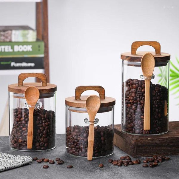 Bouteilles de stockage 700-1000ml Récipient scellé en verre rond avec poignée Couvercle en bois Cuillère Siège Pot à café
