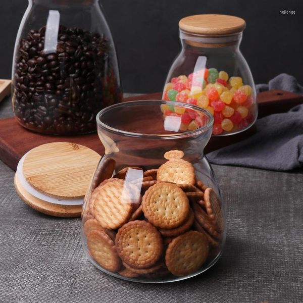 Bouteilles de stockage 750ML mignon petit bocal en verre pour comptoir d'épices alimentaires avec et couvercle en bambou conteneurs organisateur bidon décoratif