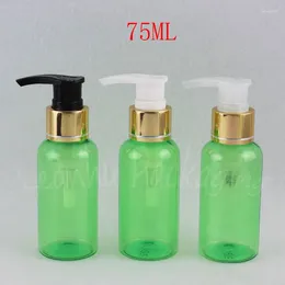 Botellas de almacenamiento Botella de plástico verde de 75 ml con bomba de oro Gel de ducha de 75cc / contenedor cosmético vacío (43 pc / lote)
