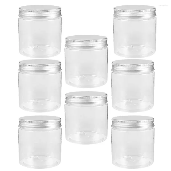 Botellas de almacenamiento 8 PCS 250 ml Mini tapa de aluminio de plata transparente Conjunto de tarro de masón Tarros de plástico para fregar azúcar con tapa de caramelo Mermelada Hogar Pequeño