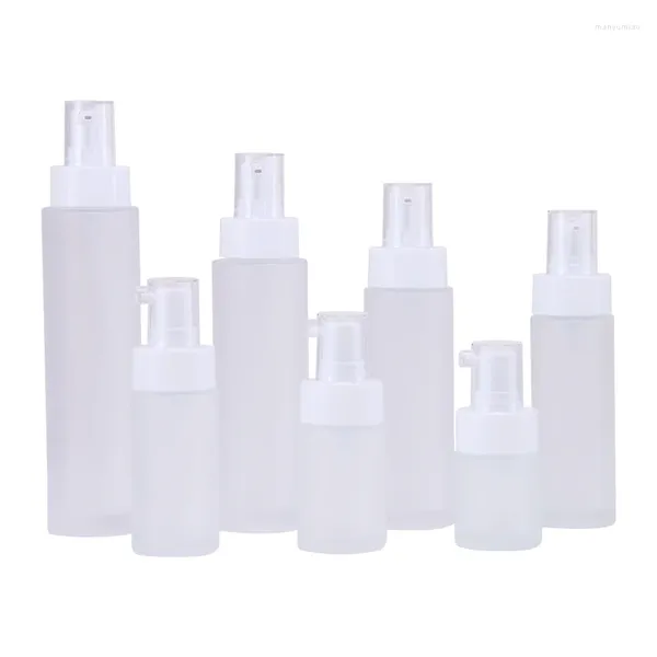 Botellas de almacenamiento 8 unids 20 ml-120 ml Vacío Claro Frost Glass Loción Botella Portátil Recargable Bomba Blanca Embalaje Cosmético Esencia Emulsión