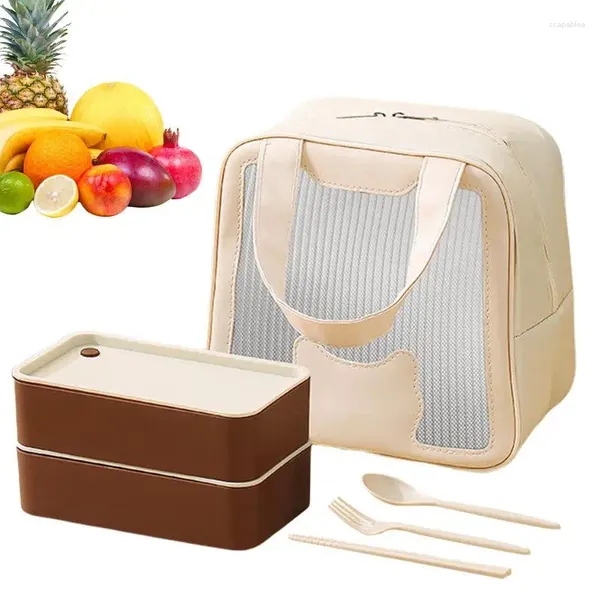 Bouteilles de rangement boîte à déjeuner pour adulte, conteneur scellé à 2 couches anti-fuite avec compartiments, sac réutilisable, cuillère fourchette