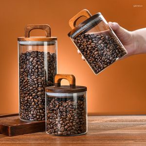 Storage Bottles Airtight Canister Wood Lid Glass Jar Food Container Tea Coffee Beans Kitchen Sealed Grounds Candy