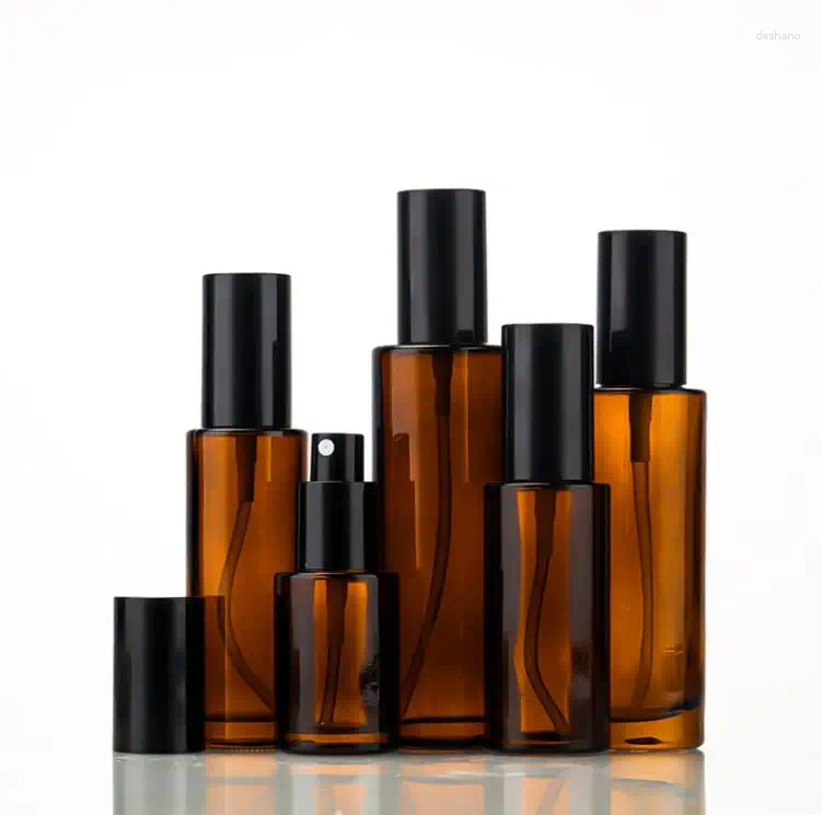Storage Bottles Amber Glass Pump Flat Shoulder Refillable Spray Bottle For Serum Essential Oil Perfume Lotion 30ml 50ml 80ml 100ml SN