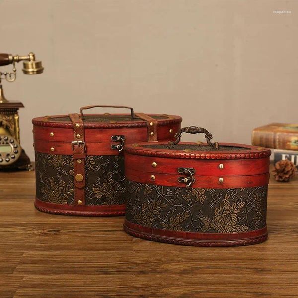 Botellas de almacenamiento Caja de madera redonda antigua Tetera en forma de barril Retro Creativo Regalo chino Contenedores de lata
