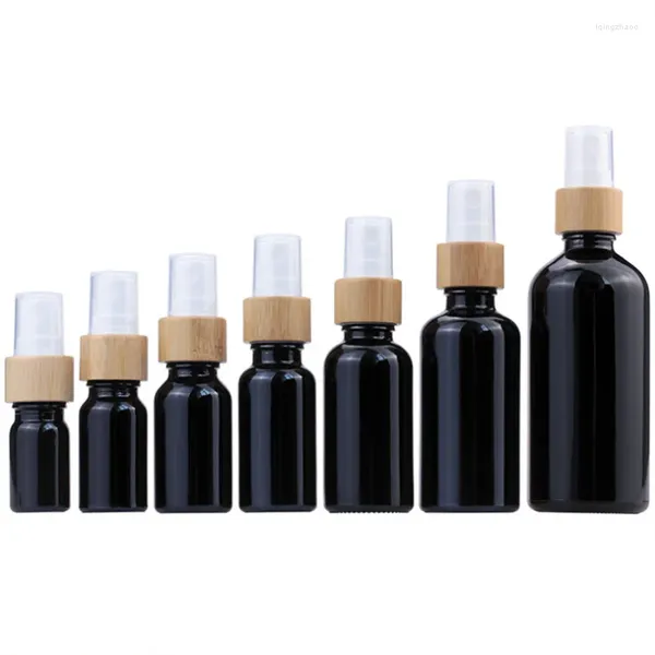 Botellas de almacenamiento Tapa cuentagotas de bambú 5 ml 15 ml 30 50 Negro Verde Azul Ámbar Botella de vidrio esmerilado con tapa de bomba de pulverizador de niebla fina