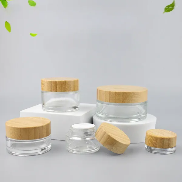 Botellas de almacenamiento Tapa de bambú Frascos vacíos Tarro de crema de vidrio Envase cosmético 5-100 g Maquillaje Viaje DIY Botella de máscara facial