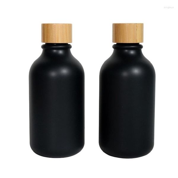 Bouteilles De Stockage Couvercle En Bois De Bambou Bouteille En Plastique PET Noir Mat Shampooing Flacons Rechargeables 300 ML Vide Toner Cosmétique Bouchon Intérieur 10 pièces