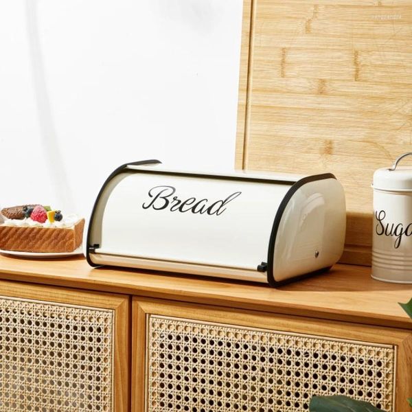 Bouteilles de rangement Boîte de pain en métal beige avec couvercle coulissant Cuisine Dry Food Conteneur Panty Pantrice Baguette Gâteau Gâteau Toast Organisateur