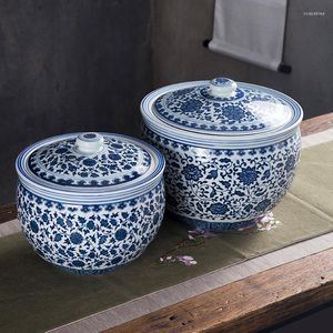 Bouteilles de stockage bocaux de fleurs bleu et blanc pour la nourriture bocal en céramique rétro chinois avec couvercle bidon cuisine organisateur conteneur
