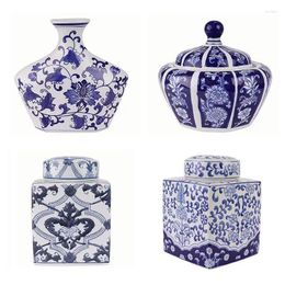 Bouteilles de rangement en porcelaine bleu et blanc pot en céramique texture florale gingembre bonbons peut décoration de décoration de fleurs de bureau de cartouche de thé