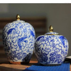 Bouteilles de rangement en porcelaine bleu et blanc bocal rond avec couvercles pots en céramique conteneurs cosmétiques artificiels vase floral décoratif de fleurs artificielles