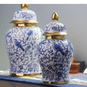 Bouteilles de rangement en porcelaine bleu et blanc pot général avec couvercles pots en céramique conteneurs cosmétiques artificiels vase floral décoratif de fleurs artificielles