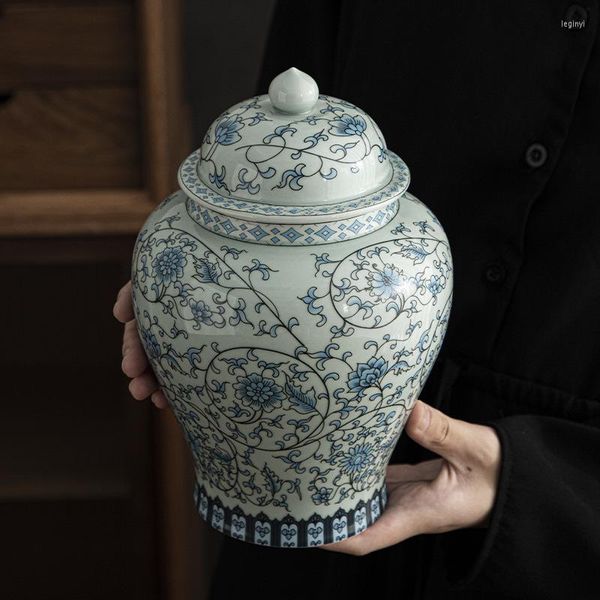 Bouteilles de stockage Boîte à thé en porcelaine bleue et blanche avec couvercle Pot de nourriture en céramique Maison Grain de café multigrains de grande capacité