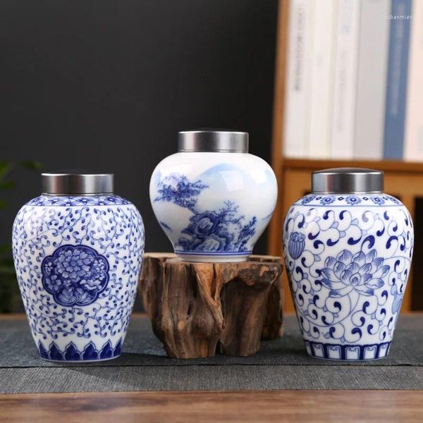 Botellas de almacenamiento Porcelana azul y blanca Té Cerámica Caramelo Nueces Cajas con tapa Granos de café Contenedores de alimentos sellados Decoración del hogar